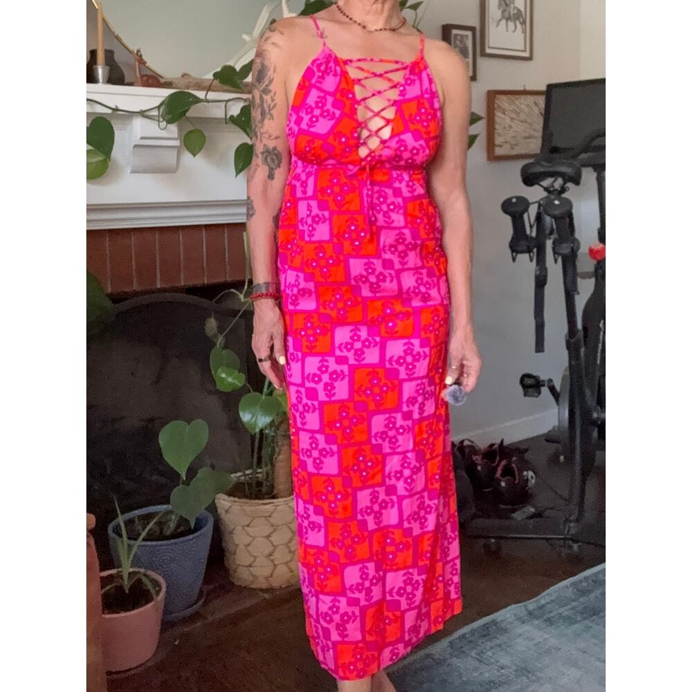 intage 60s 70s Beach Mates CA Mod Maxi Dress Lace Up Plunge Open Back Pink XS